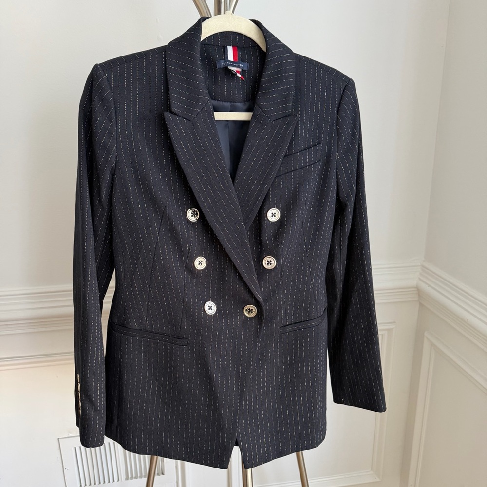 NWOT Tommy Hilfiger Navy Metallic Gold Pinstripe Double-Breasted Blazer Size 4 - Picture 4 of 10